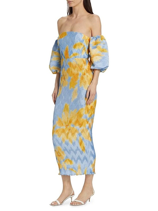 L’Idee Dresses & Skirts - L'IDEE Pleated Off Shoulder Midi Dress Jardin Blue Size 12
